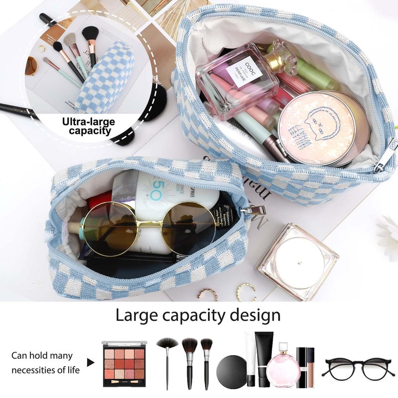 EIMMBD Makeup Bag 3 Pieces Large Capacity Checkered Cosmetic Bag Canvas Travel Toiletry Bag Organizer Cute Makeup Bag Pouch Storage Bag for Women(Blue) - Image 3